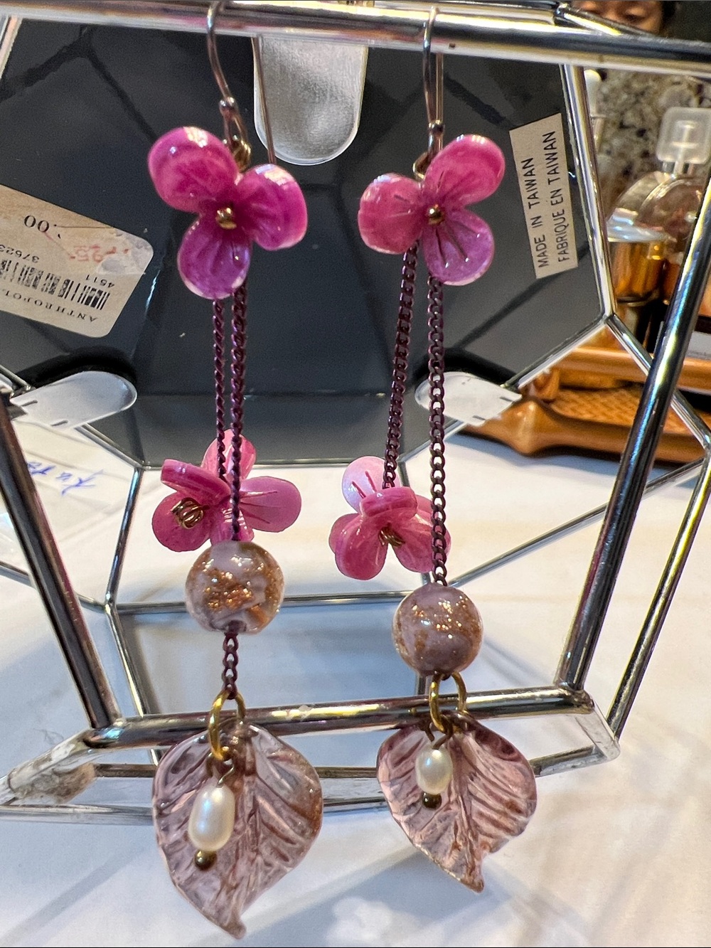 Pink Floral Dangle Earrings with Leaf and Pearl Accents